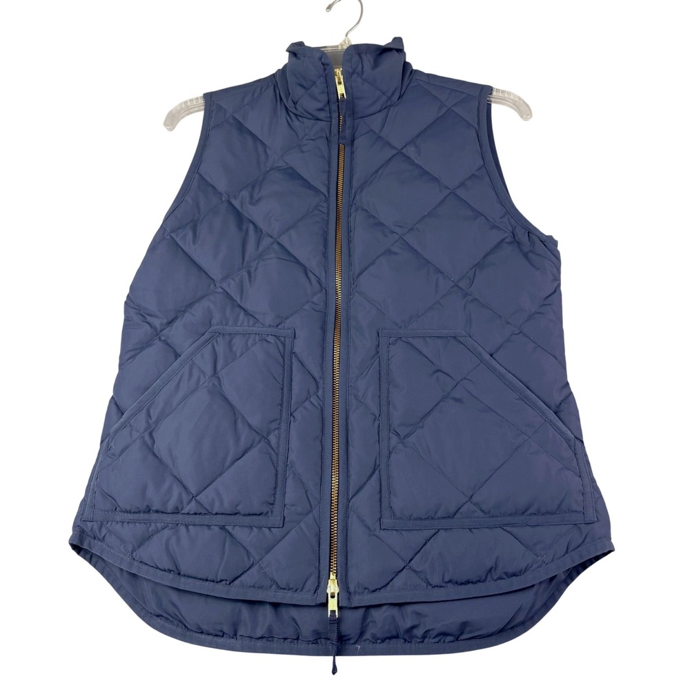 J.Crew XS Navy Blue Excursion Quilted Down Vest Gold Zip Preppy Classic Coastal
